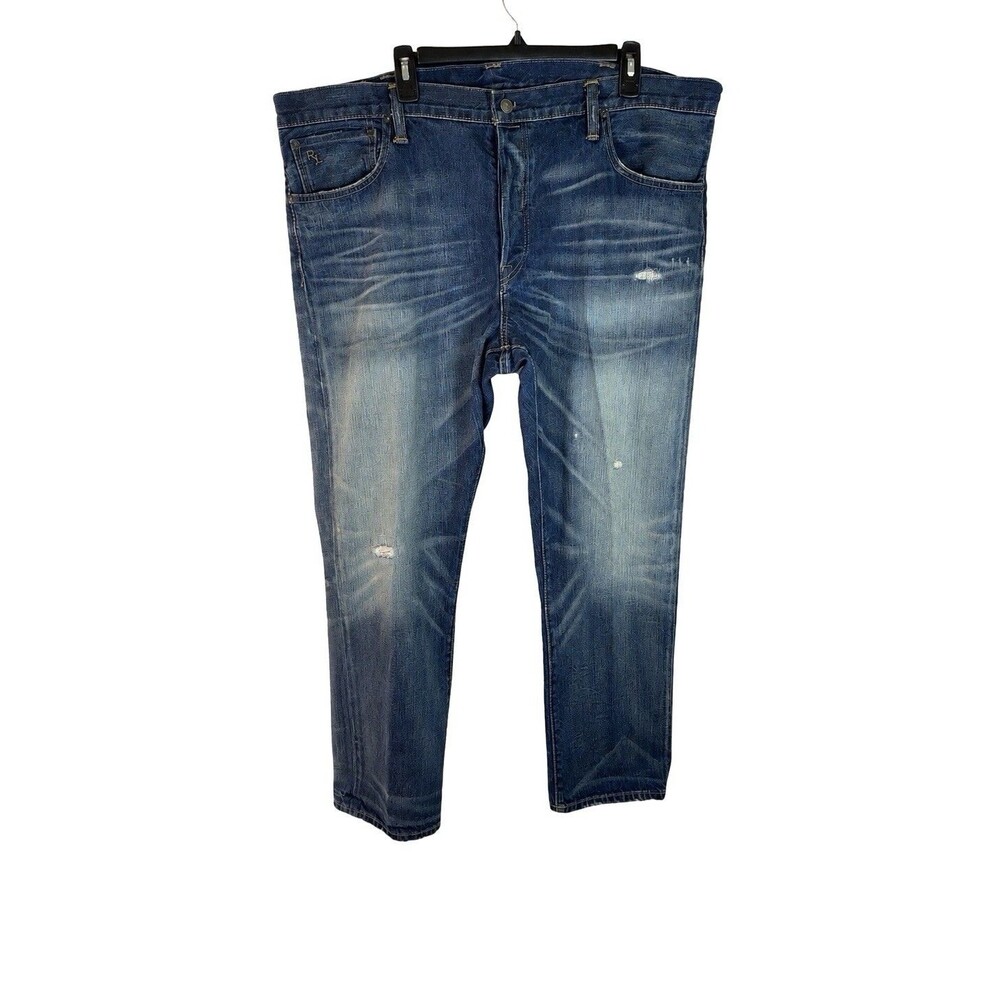 Polo Ralph Lauren Varick Slim Straight Jeans Mens 40x30 Blue Distressed Denim - Picture 2 of 10